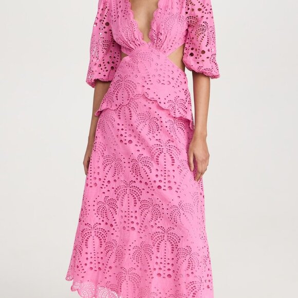 FARM Rio Pink Richelieu Midi Dress Eyelet Scallop Cutout Tuckernuck Sundress - Picture 6 of 9